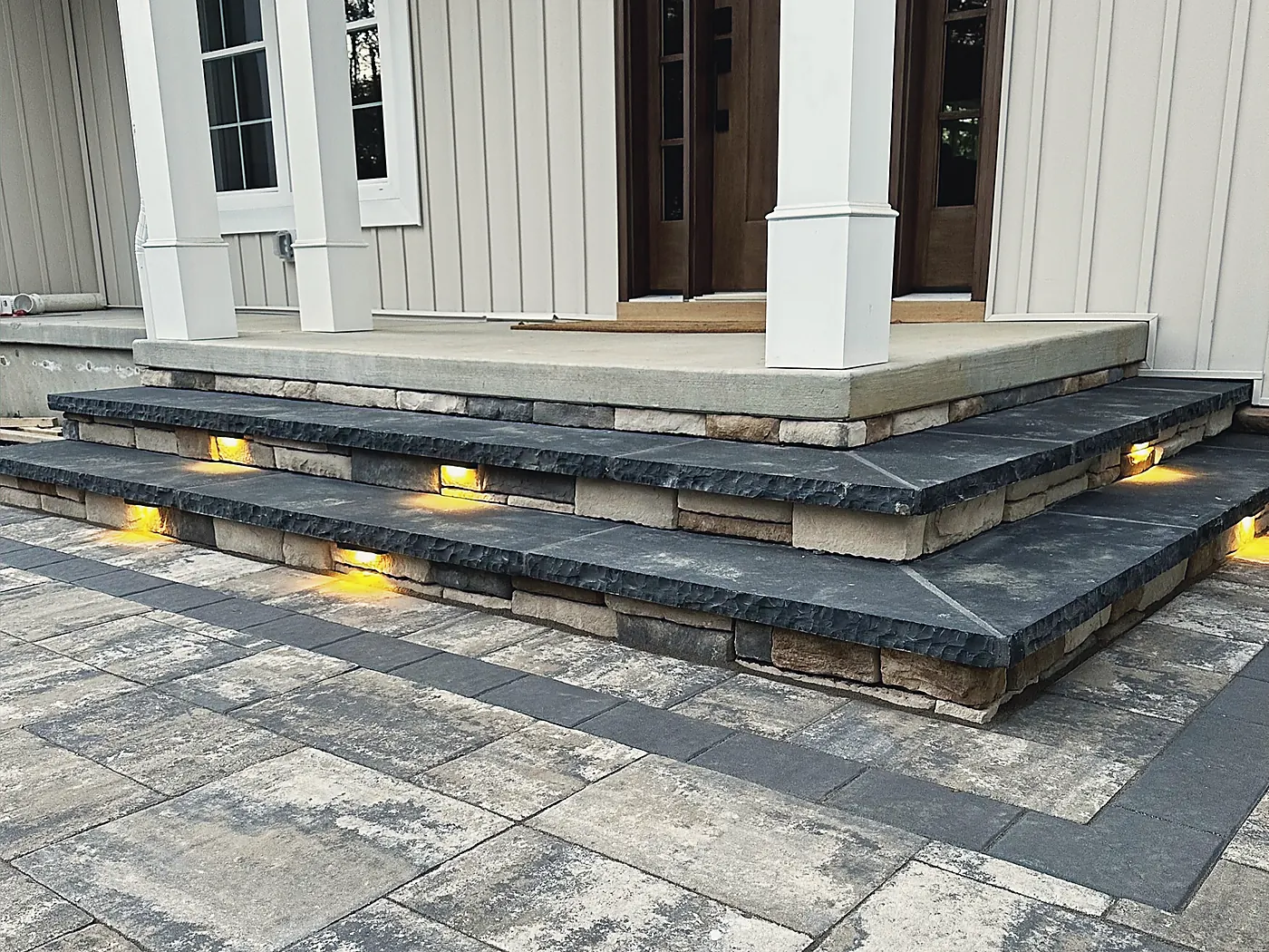 Lights set under each tread of the front steps