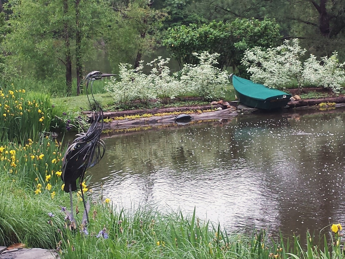 A pond edged with iris and grasses, a heron sculpture standing at the bank