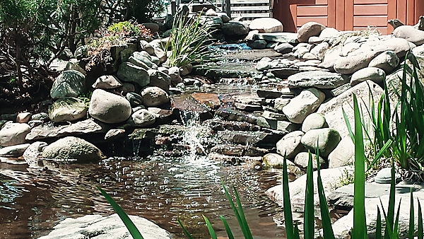 Falls through river stone into a pond