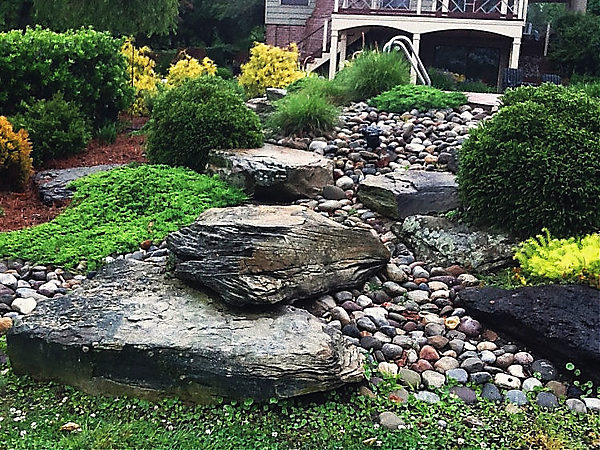Boulders and river stone down a slope
